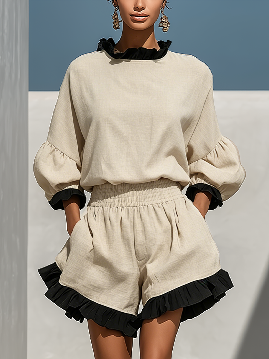 Leonora | linnedlook bluse- og shortssæt