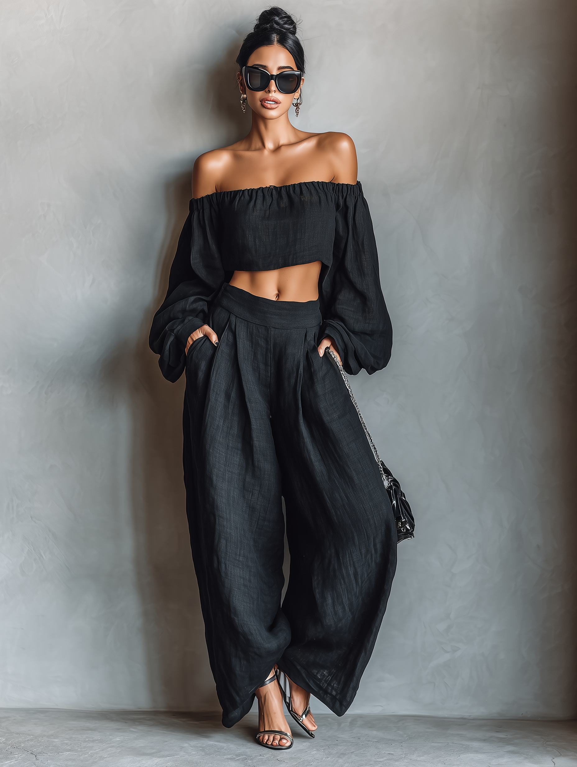 Asta | Stilrent linnedlook bluse- og buksesæt med vide bukser