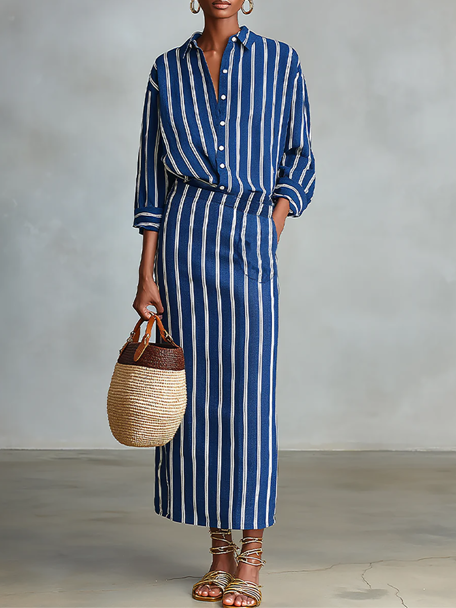 Alberte | Stribet bomuldslook bluse- og nederdelssæt