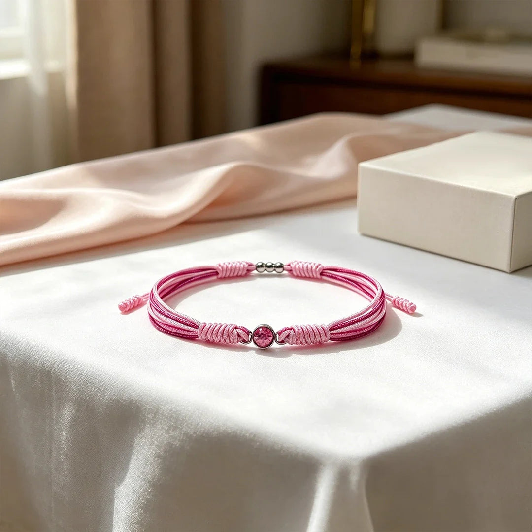 Brystkræftbevidsthed – Pink rund diamantarmbånd med snor | 1+1 gratis i dag