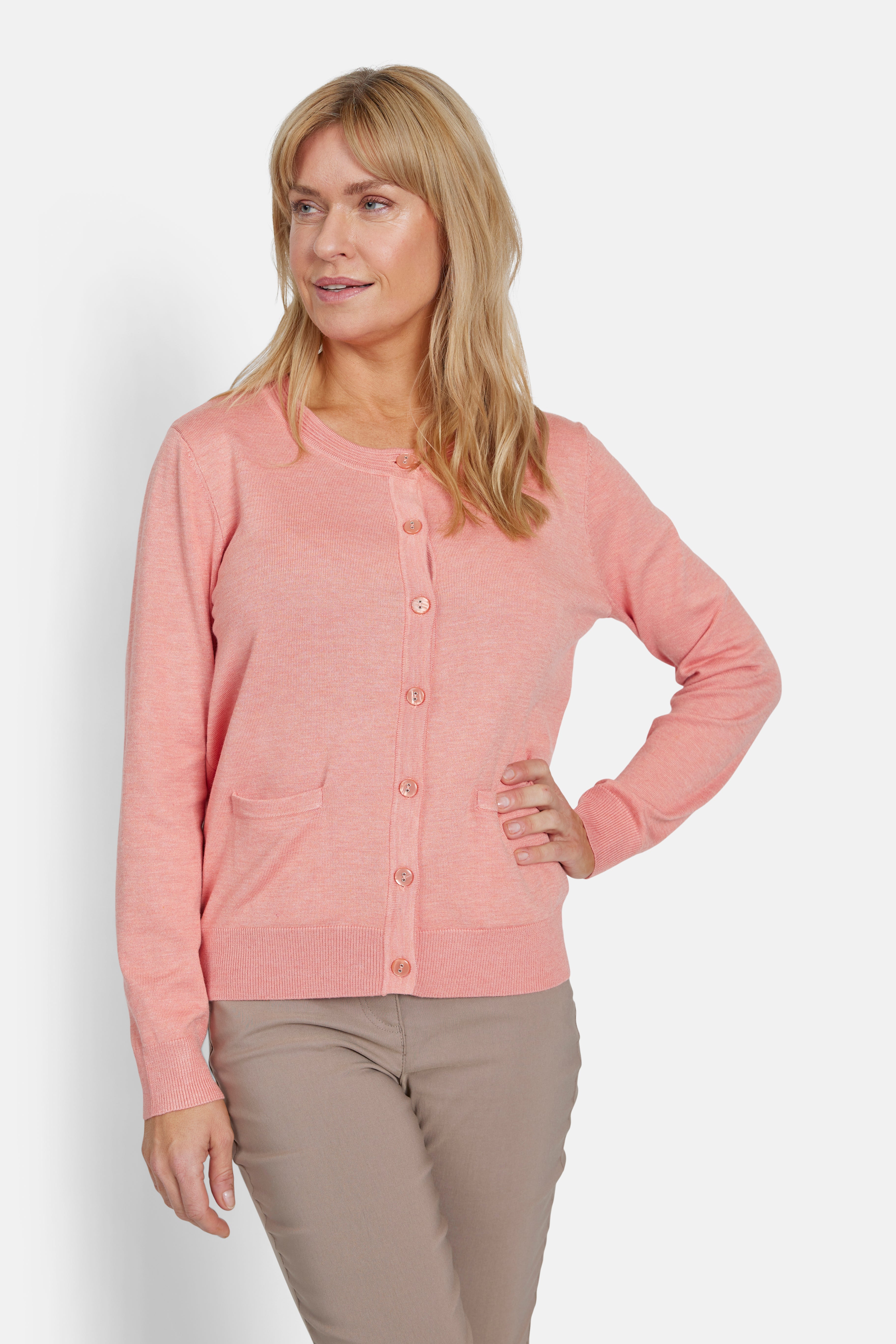 Langærmet Cardigan - Koral - Lommer