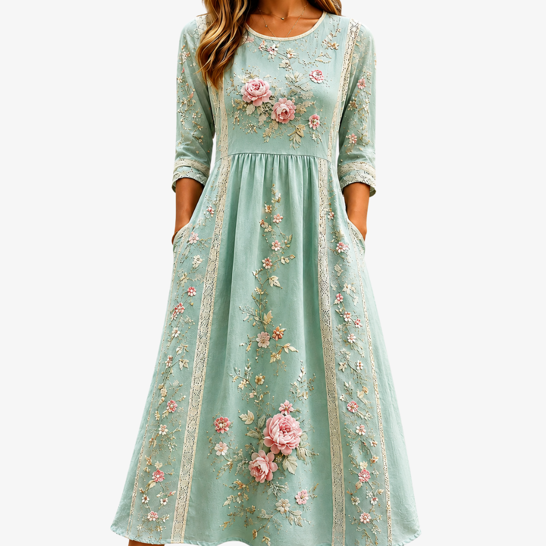 Trendé™ | Blush Rose Midi-Kleid mit Rosenmotiv