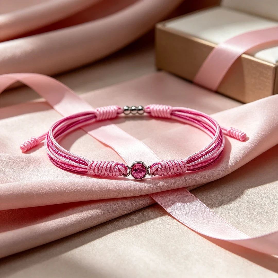 Brystkræftbevidsthed – Pink rund diamantarmbånd med snor | 1+1 gratis i dag