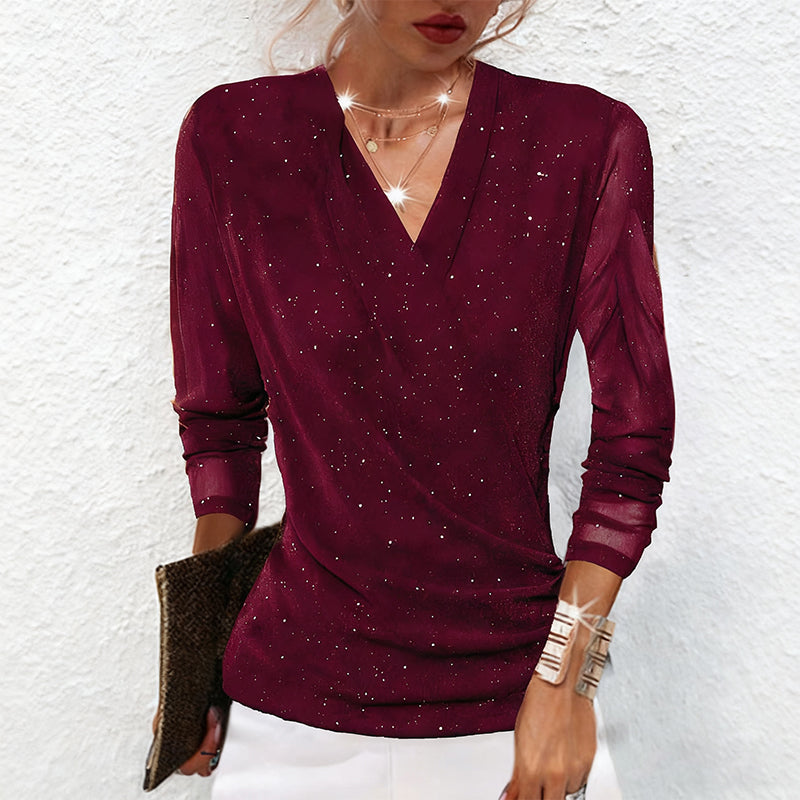 Liliana – Glamourøs Mesh-Bluse med Glitrende Detaljer