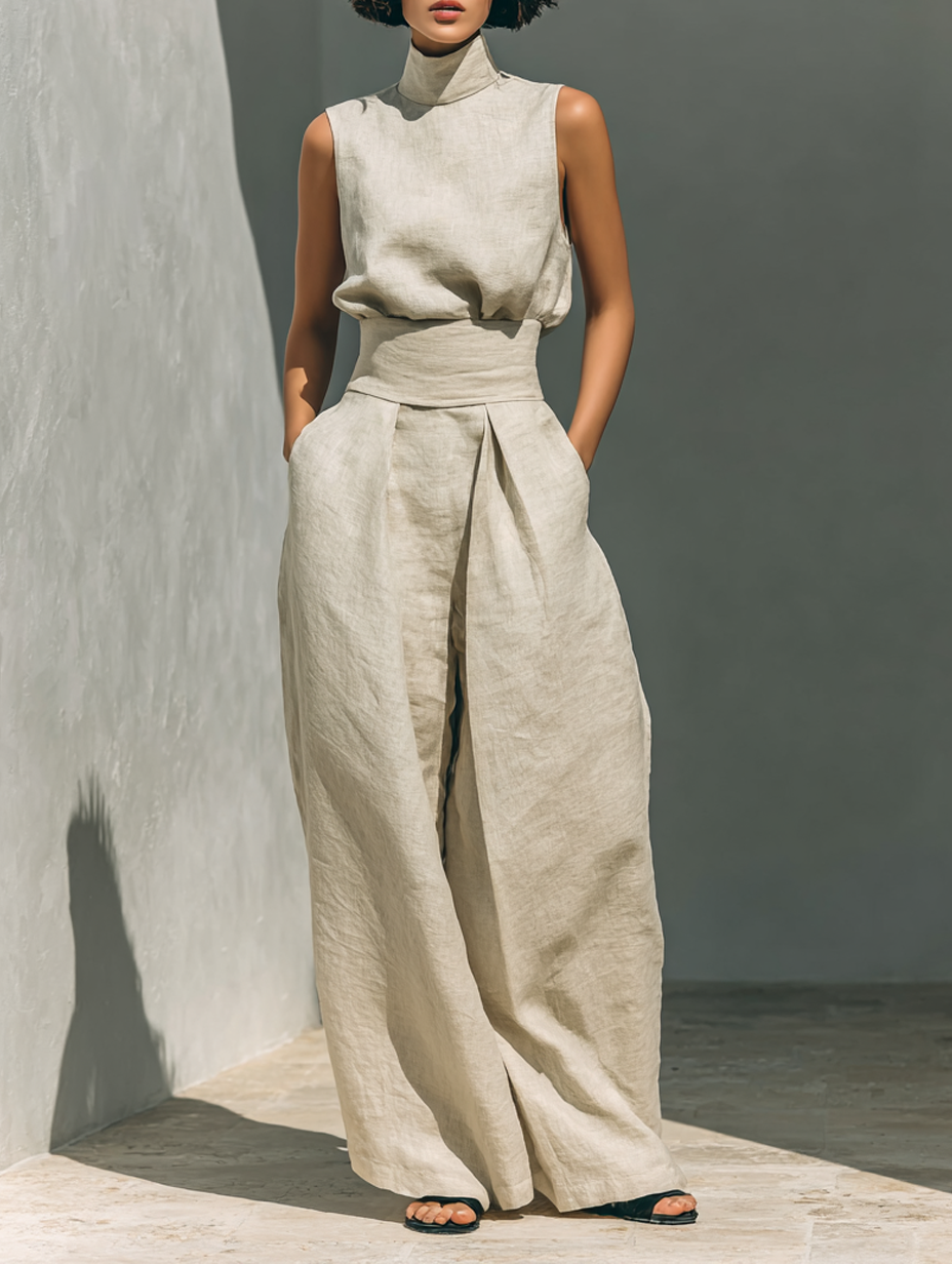 Liv | Stilrent linnedlook bluse- og buksesæt med vide bukser