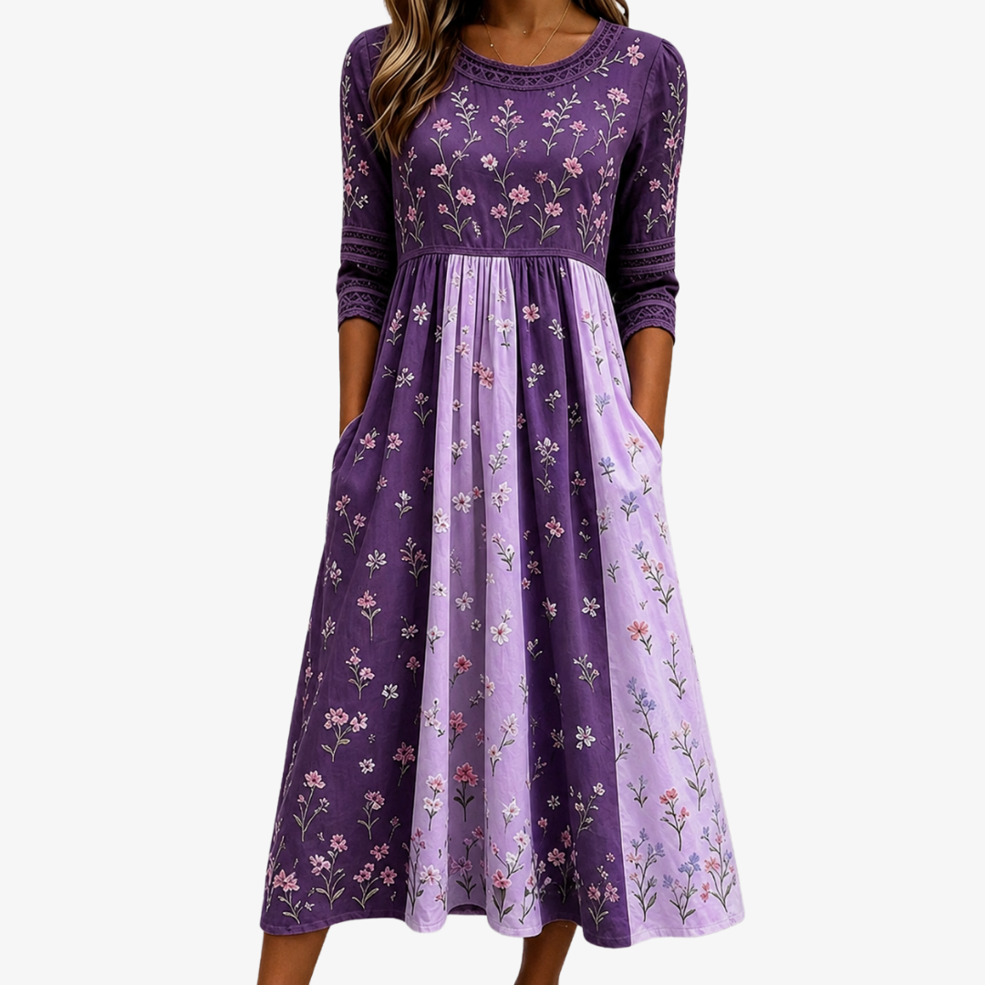 Trendé™ | Lavender Meadow Midi-Kleid mit Lavendel- und Wildblumenmuster