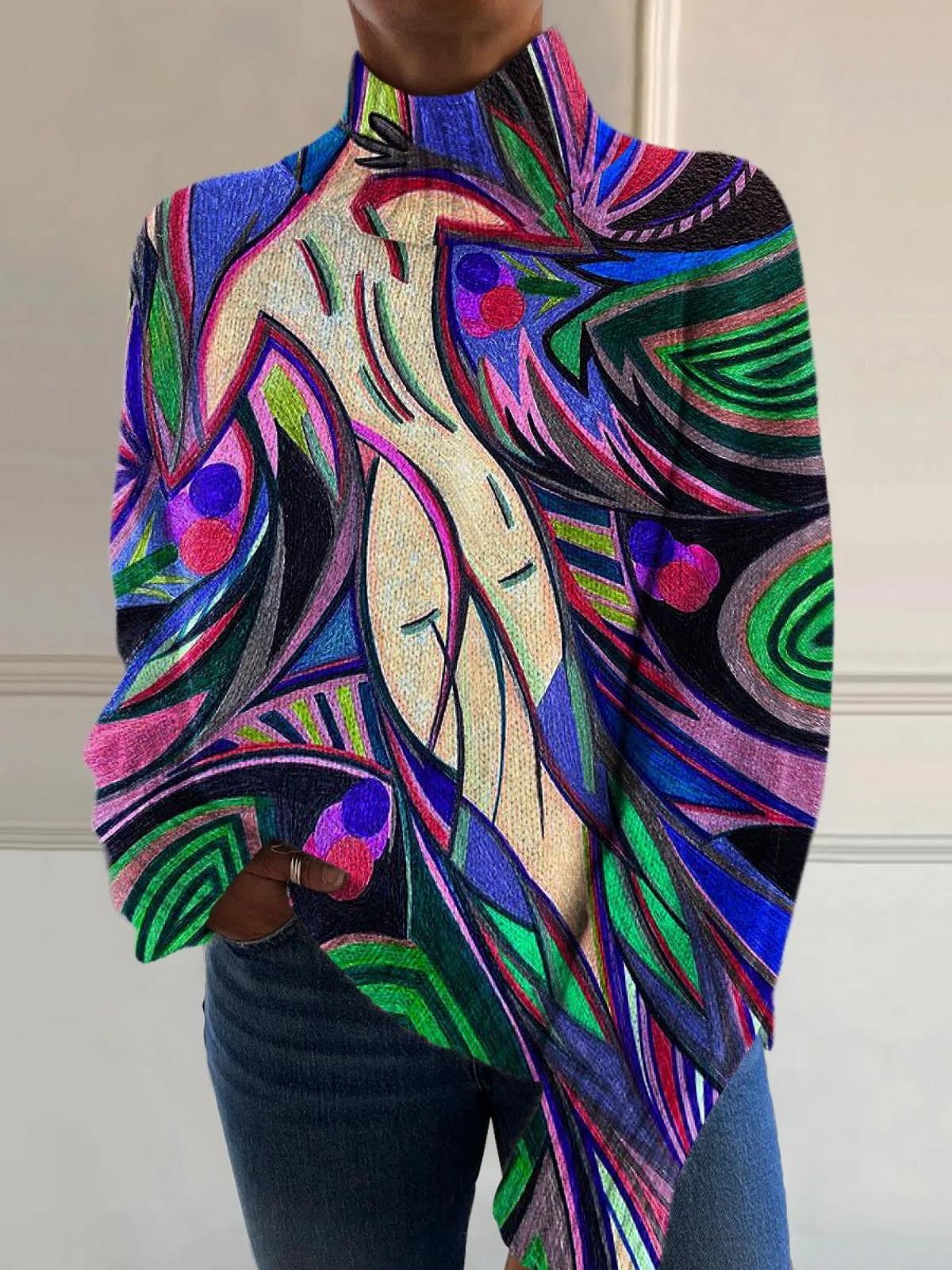 Tilde | Varm rollkravebluse med kunstprint