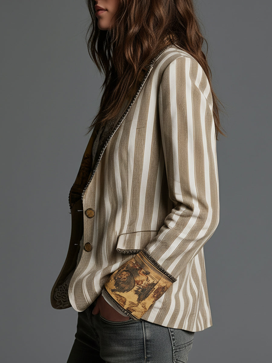 Saga | Boho-blazer med stribemønster og printet revers