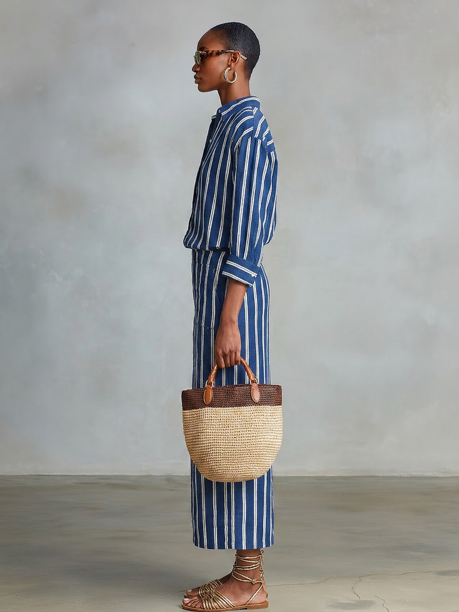 Alberte | Stribet bomuldslook bluse- og nederdelssæt