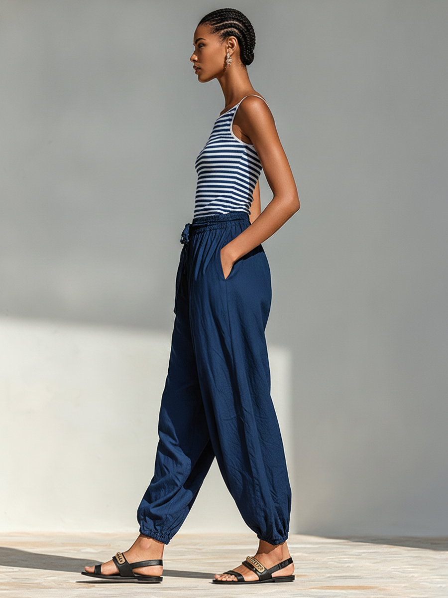 Sofie | Stribet bomuldslook cami-top- og buksesæt