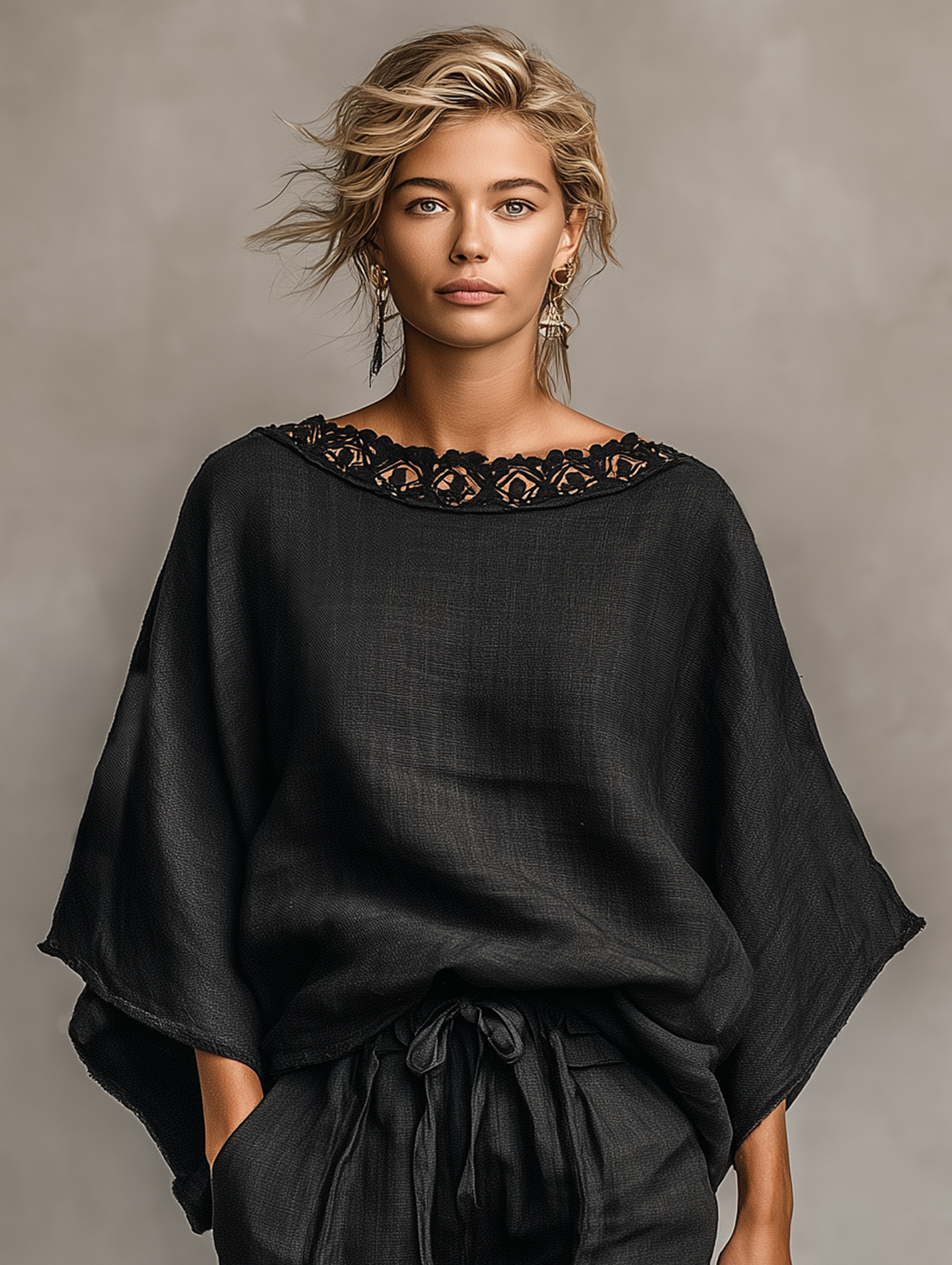 Clara | Blonde linnedlook bluse- og shortssæt