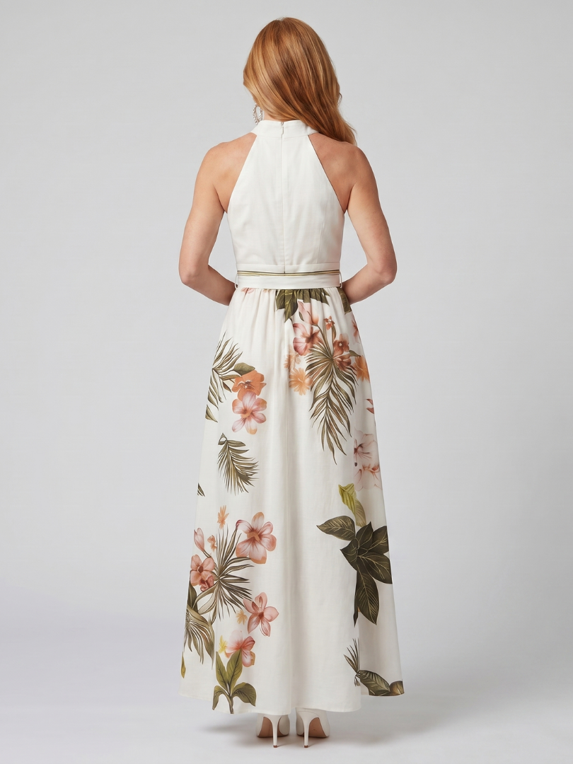 Meadow | Maxikjole med draperet hals og botaniske detaljer