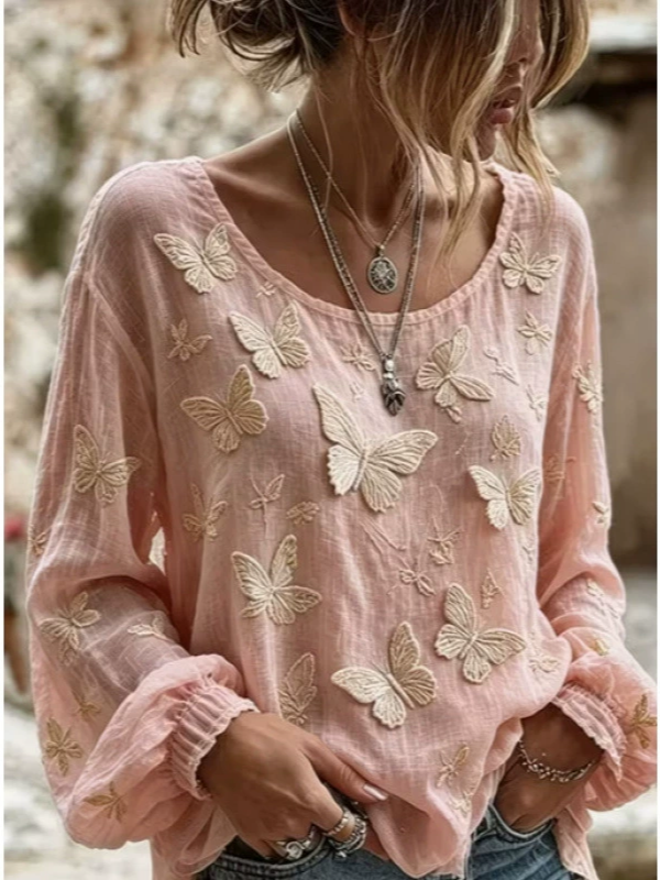 Papillon | Rosa bluse med sommerfuglebroderi