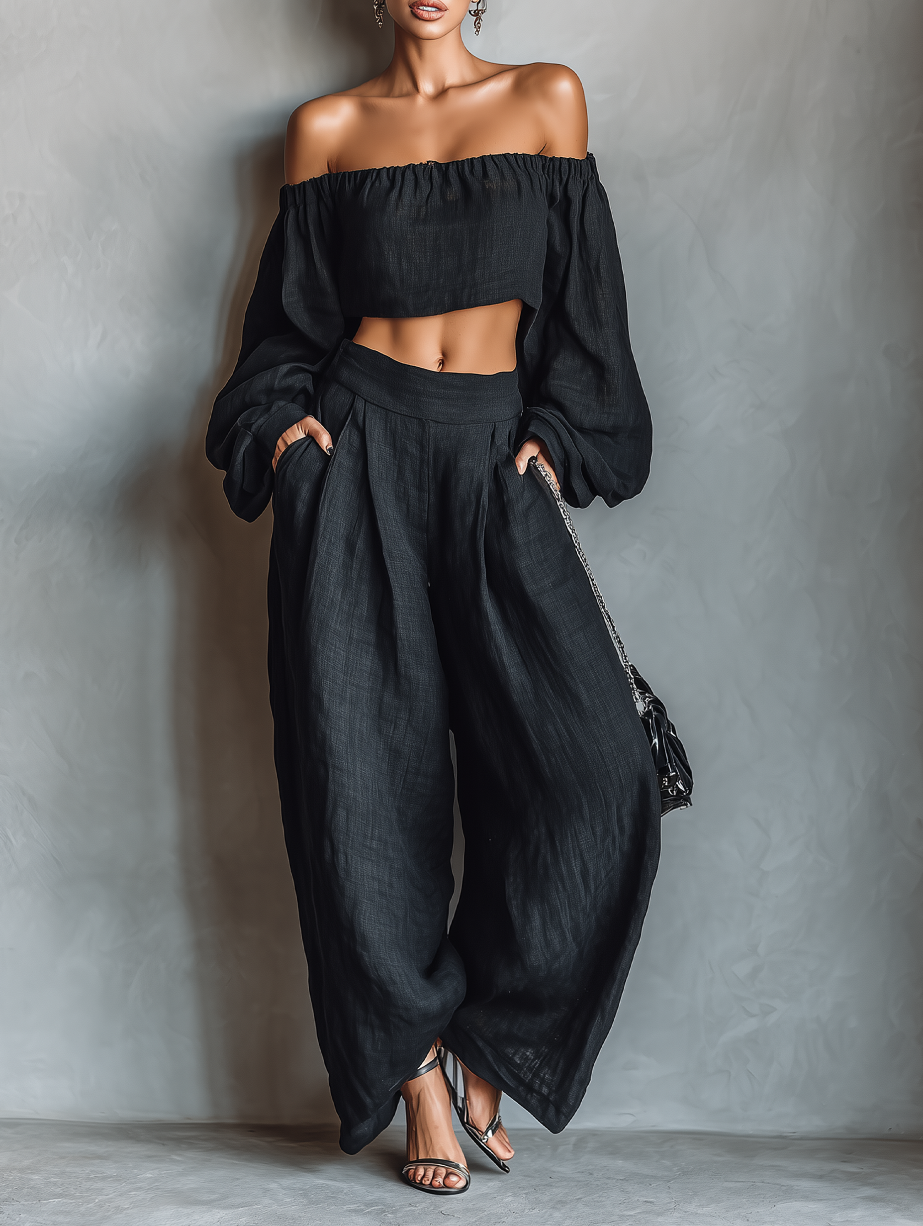 Asta | Stilrent linnedlook bluse- og buksesæt med vide bukser