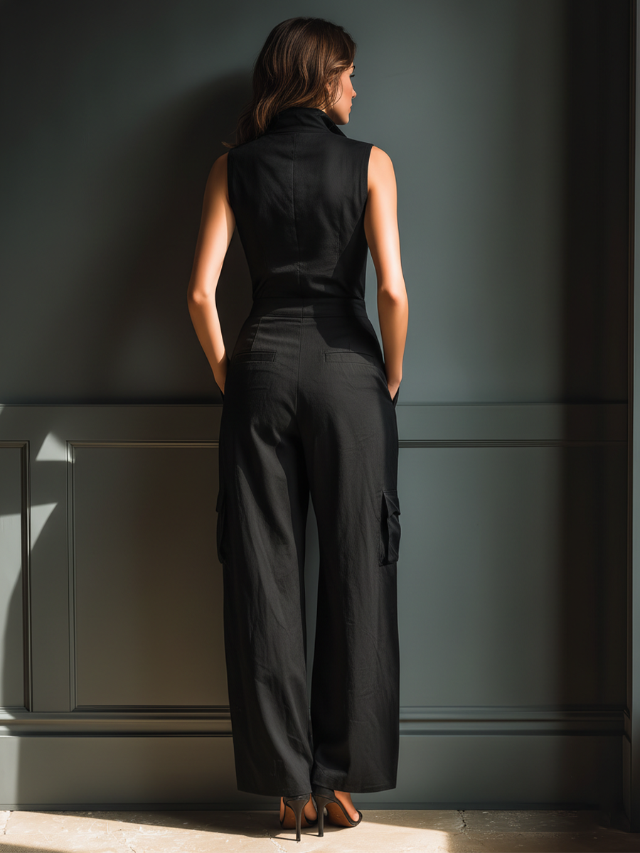 Silja | Ærmeløs jumpsuit med krave og cargolommer