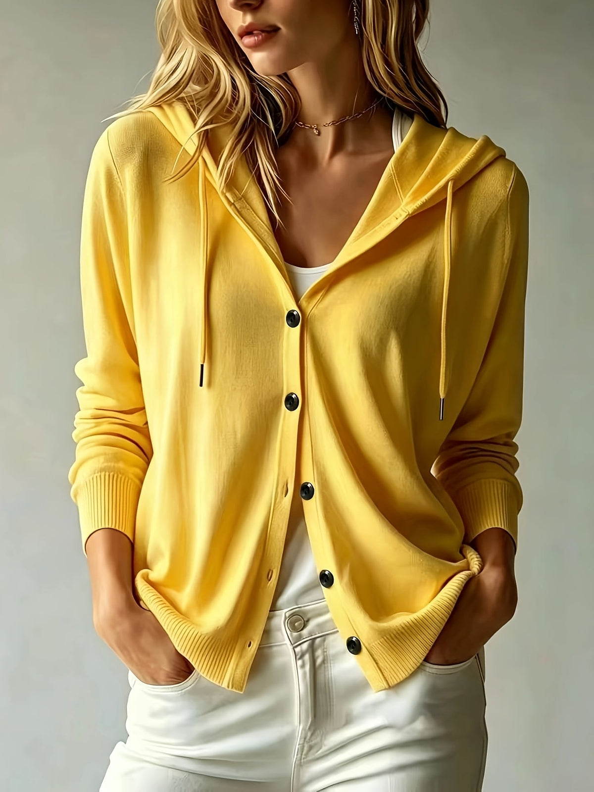 Ingrid | Sennepsgul cardigan med hætte og knapper