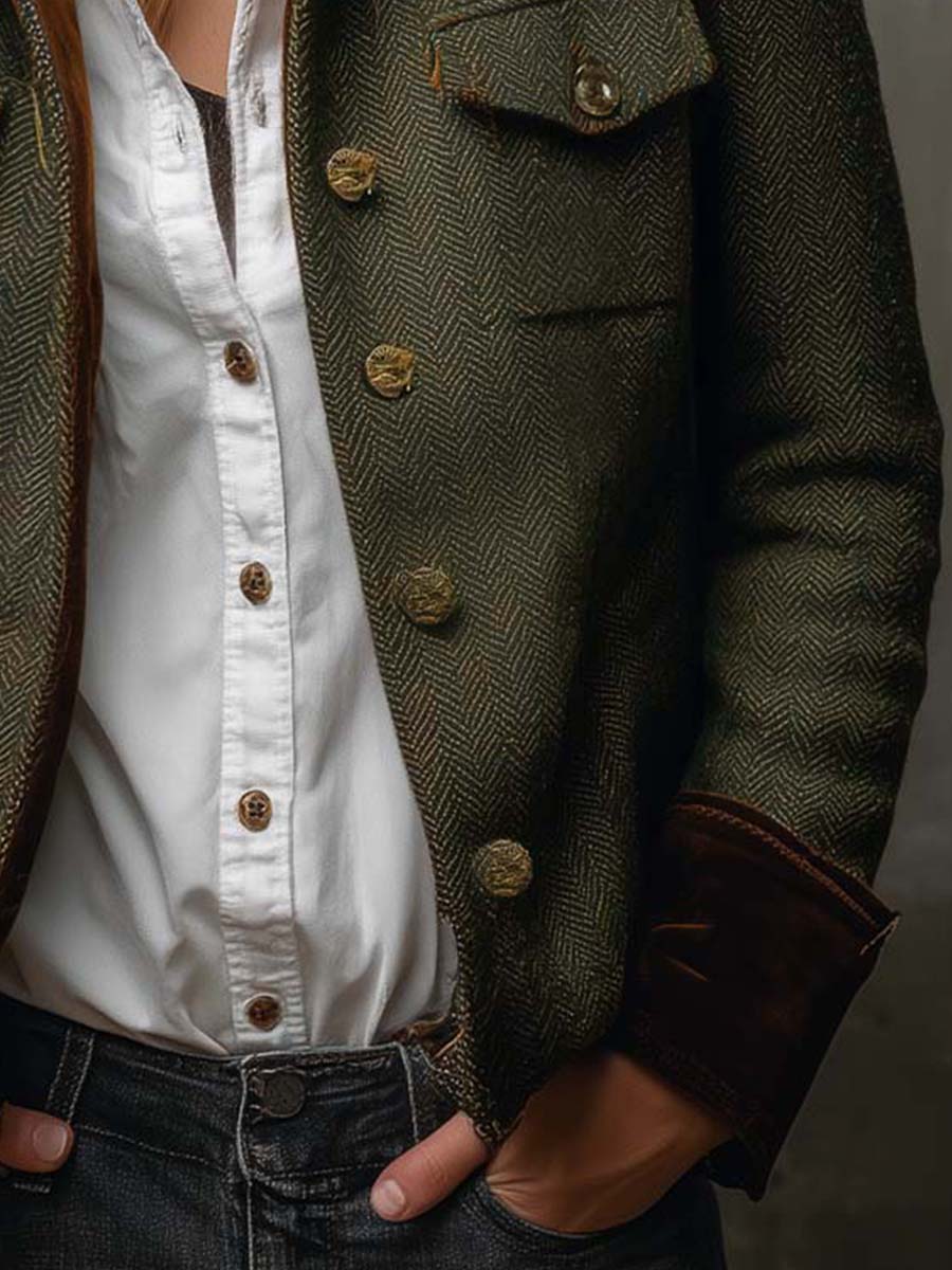 Frida | Vintage-blazer med sildebensmønster og kontrastkanter