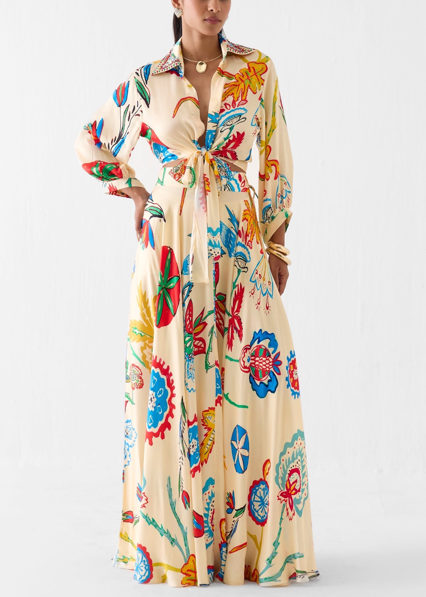 Solveig | Sæt med top og maxi-nederdel med blomsterprint med boheme med tropisk print