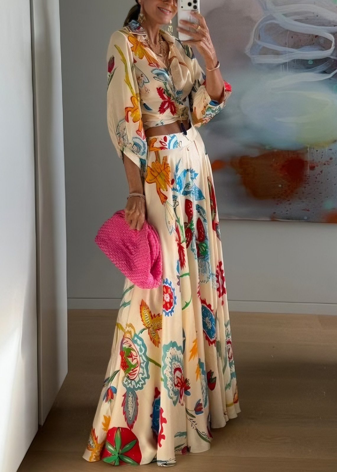 Solveig | Sæt med top og maxi-nederdel med blomsterprint med boheme med tropisk print