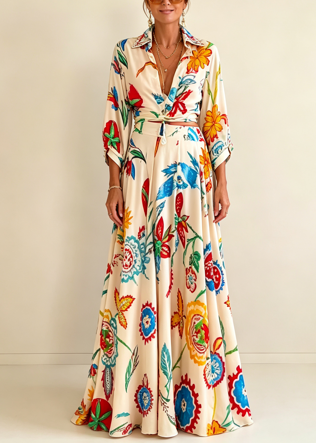 Solveig | Sæt med top og maxi-nederdel med blomsterprint med boheme med tropisk print