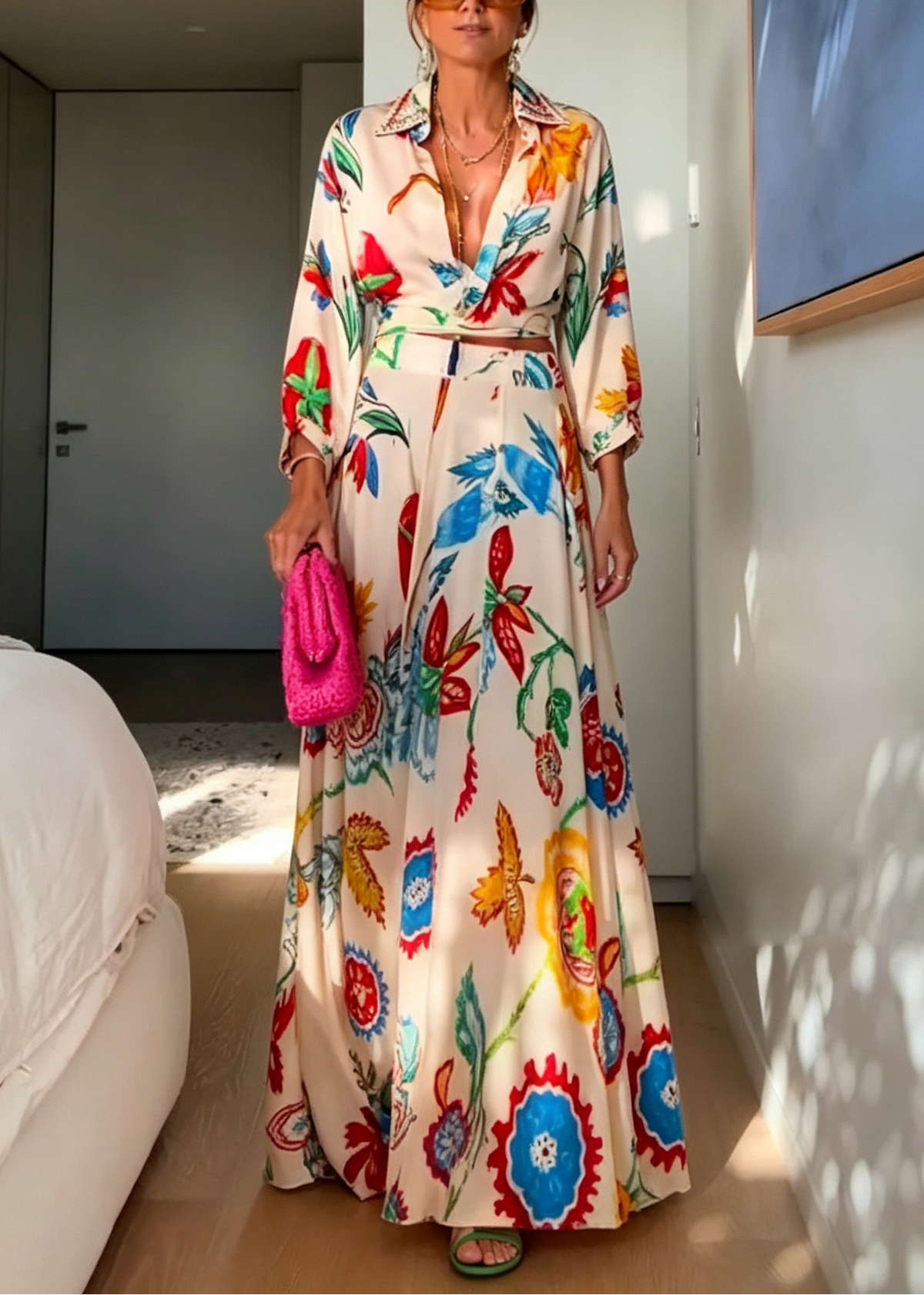 Solveig | Sæt med top og maxi-nederdel med blomsterprint med boheme med tropisk print