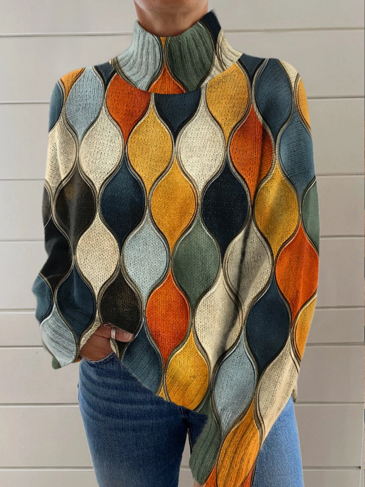 Cecilie | Varm rollkravebluse med kunstprint med runde former med grafiske linjer