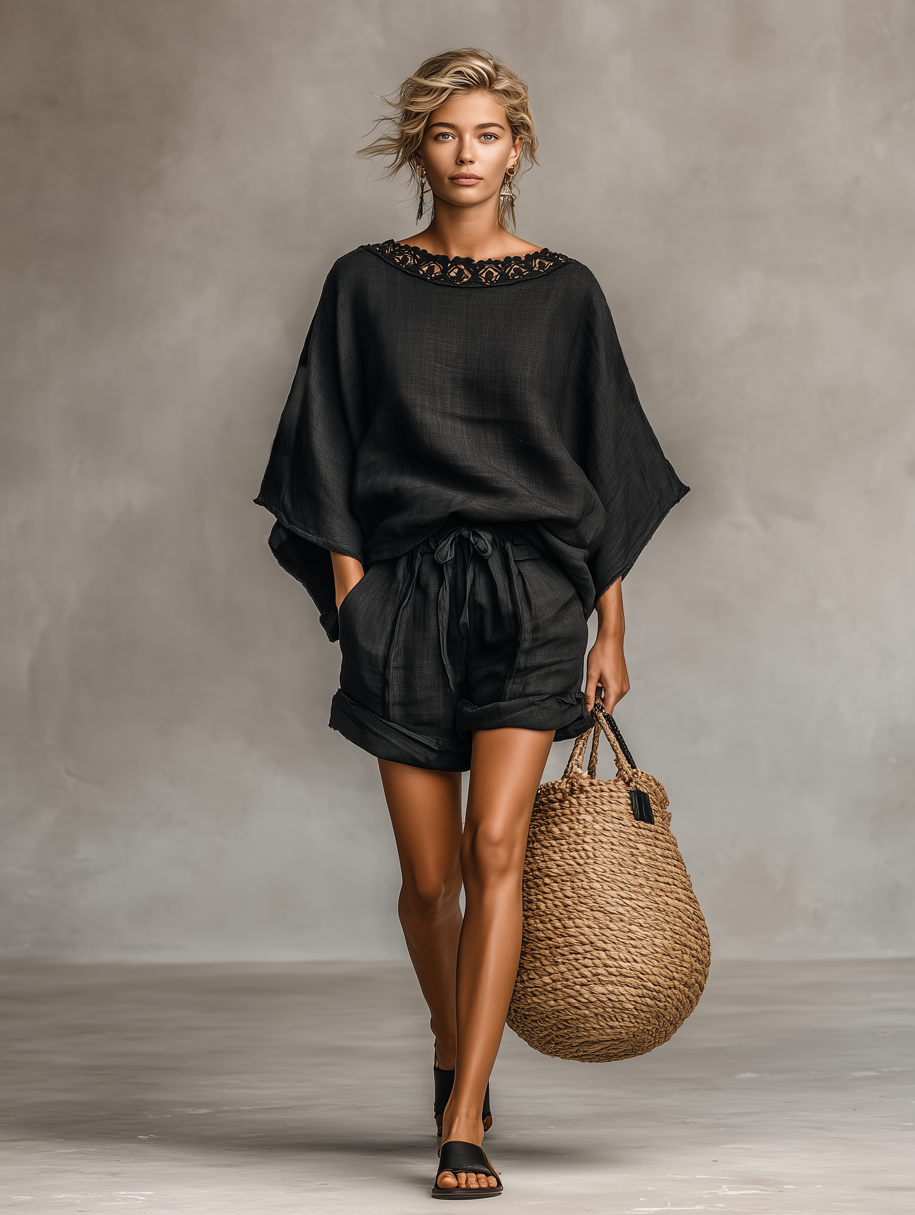 Clara | Blonde linnedlook bluse- og shortssæt