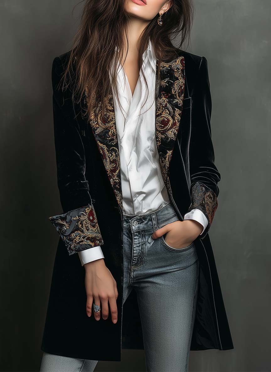 Sofie | Slim fit blazer i sort med barokmønster og revers