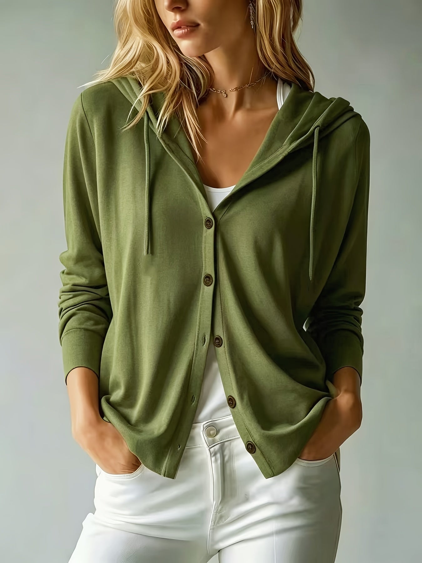 Signe | Militærgrøn cardigan med hætte og knapper