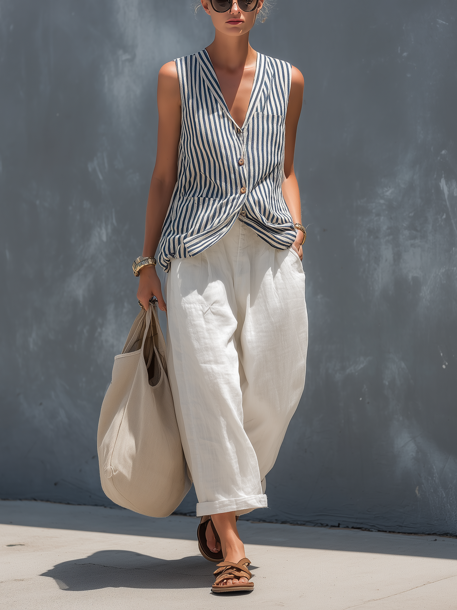 Nellie | Stribet linnedlook vest- og buksesæt