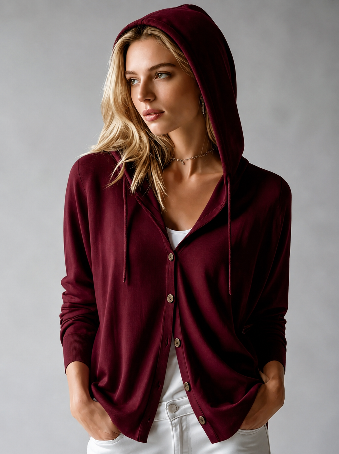 Liv | Rød cardigan med hætte og knapper
