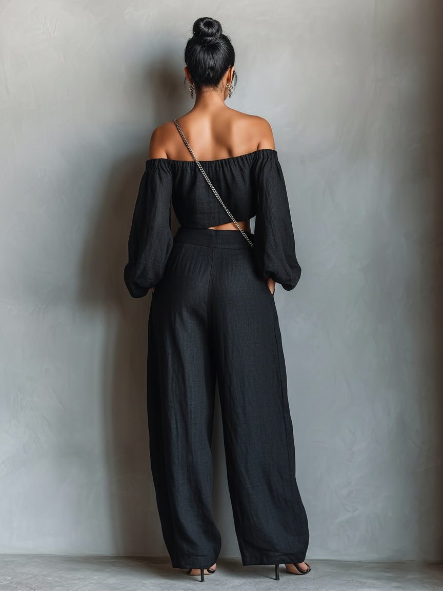 Asta | Stilrent linnedlook bluse- og buksesæt med vide bukser