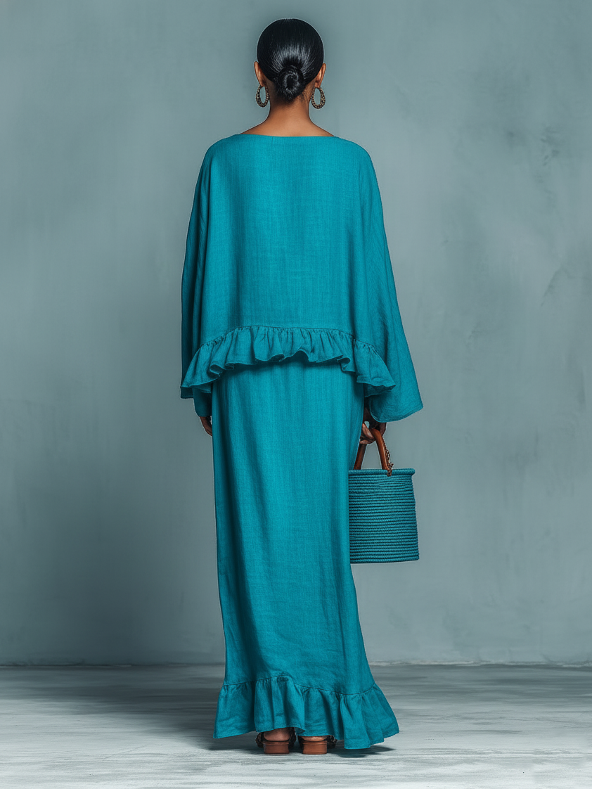 Ellen | Stilrent linnedlook bluse- og nederdelssæt