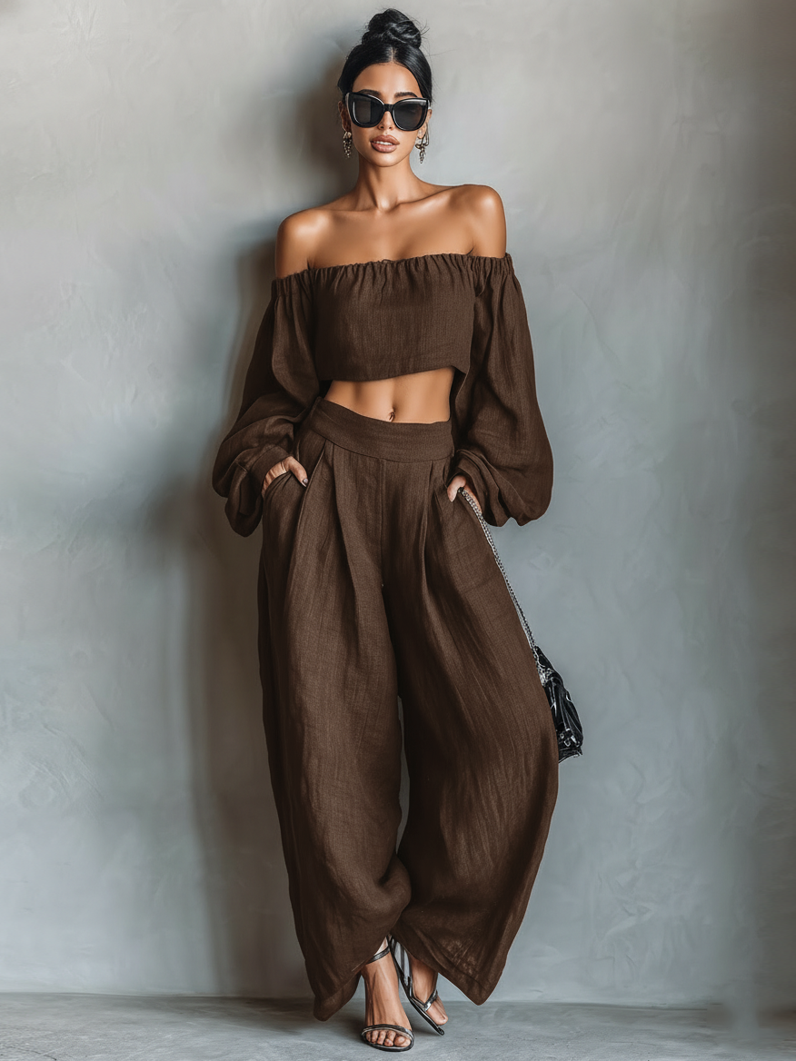 Asta | Stilrent linnedlook bluse- og buksesæt med vide bukser