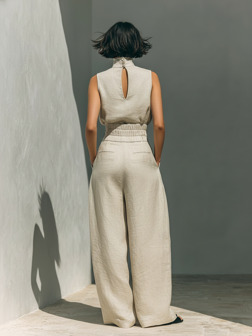 Liv | Stilrent linnedlook bluse- og buksesæt med vide bukser