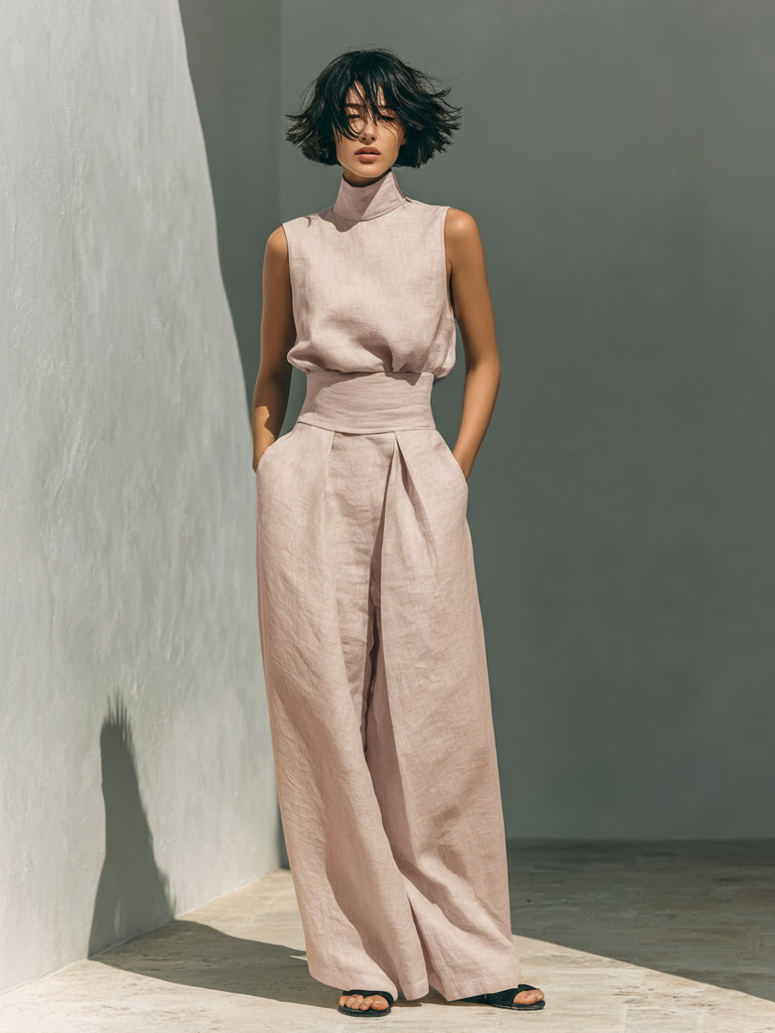 Liv | Stilrent linnedlook bluse- og buksesæt med vide bukser