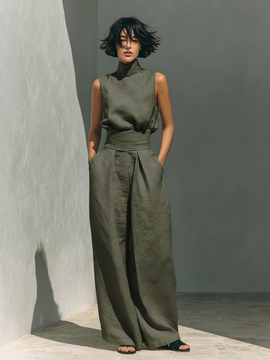 Liv | Stilrent linnedlook bluse- og buksesæt med vide bukser