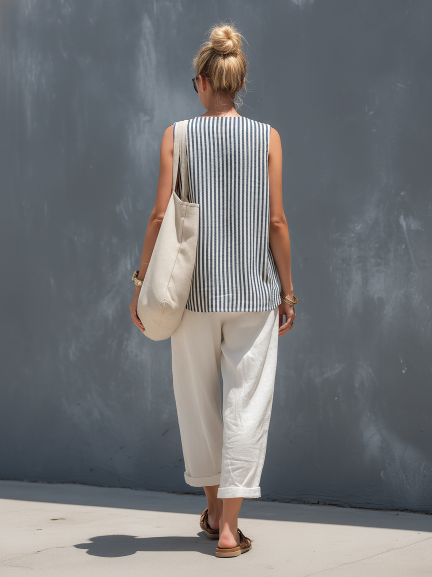 Nellie | Stribet linnedlook vest- og buksesæt
