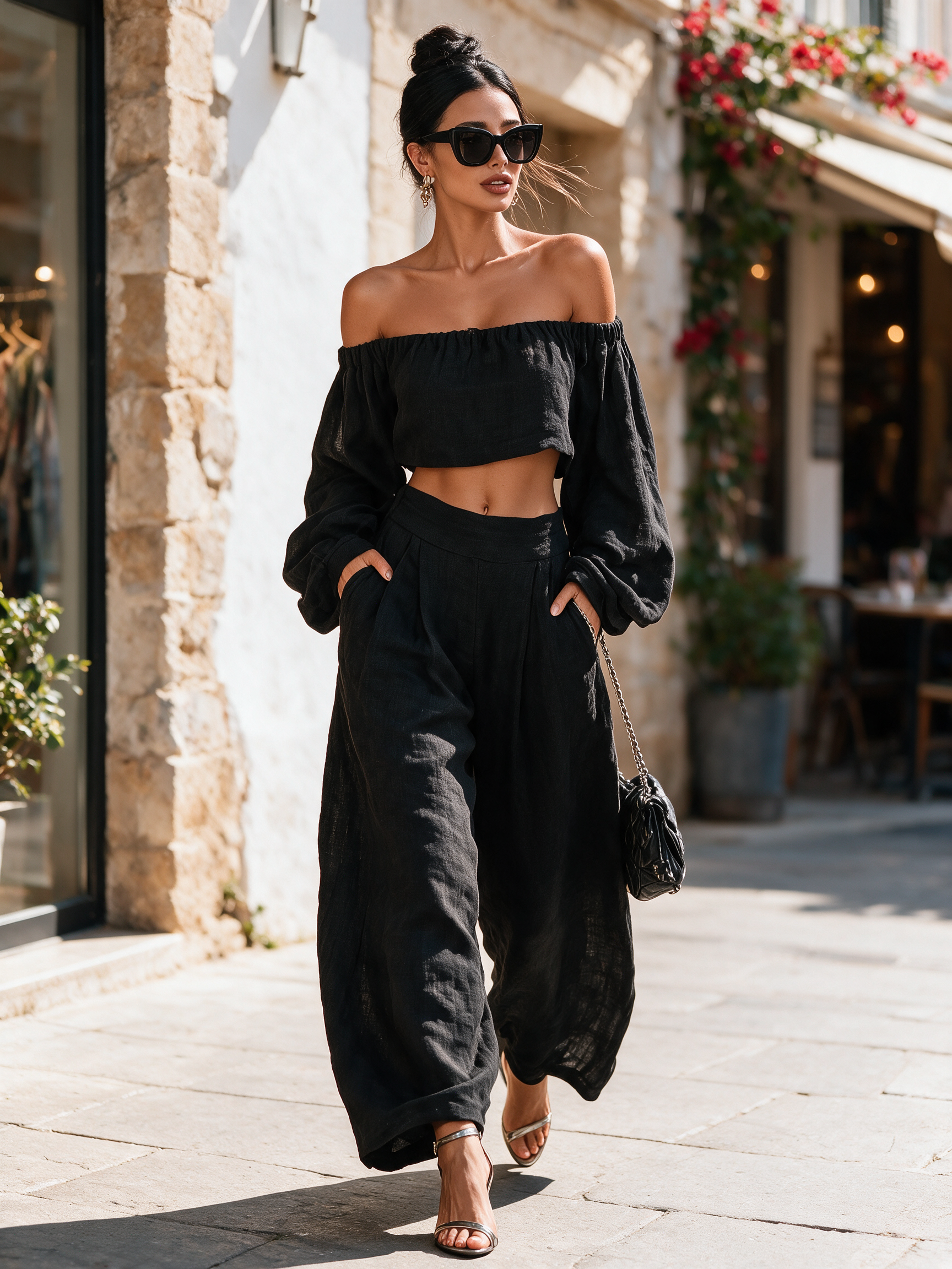 Asta | Stilrent linnedlook bluse- og buksesæt med vide bukser