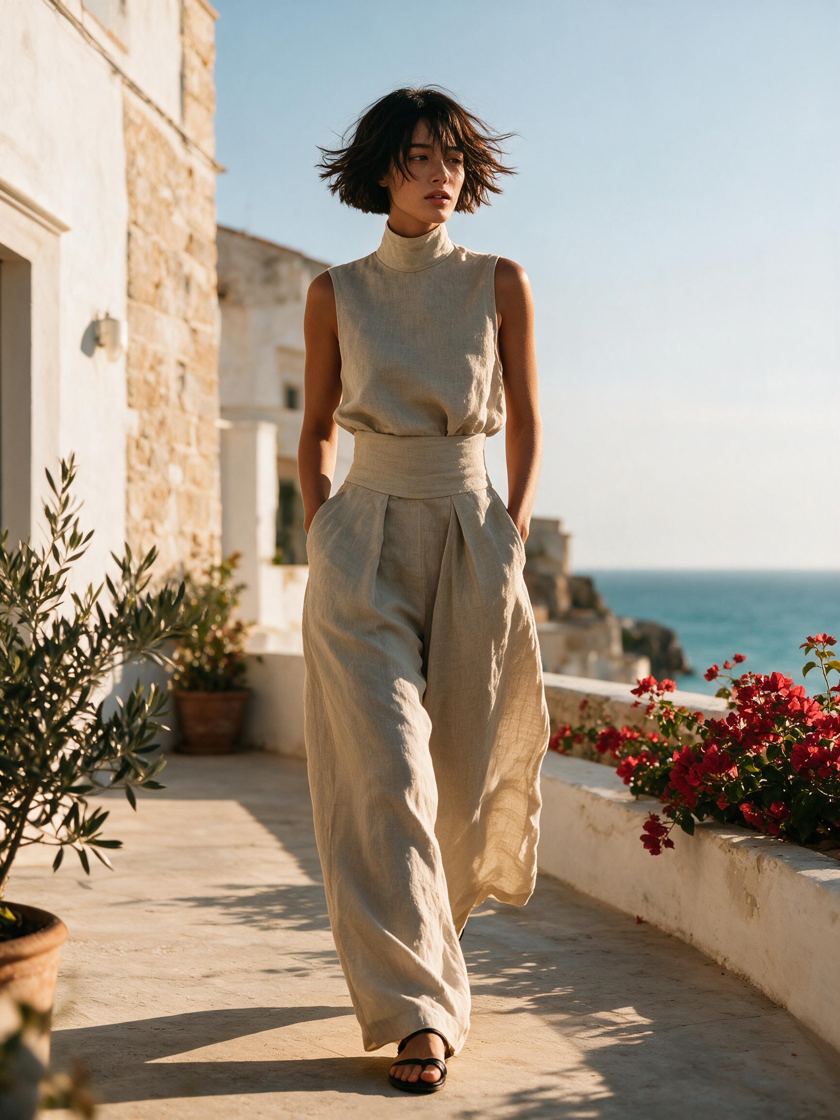 Liv | Stilrent linnedlook bluse- og buksesæt med vide bukser