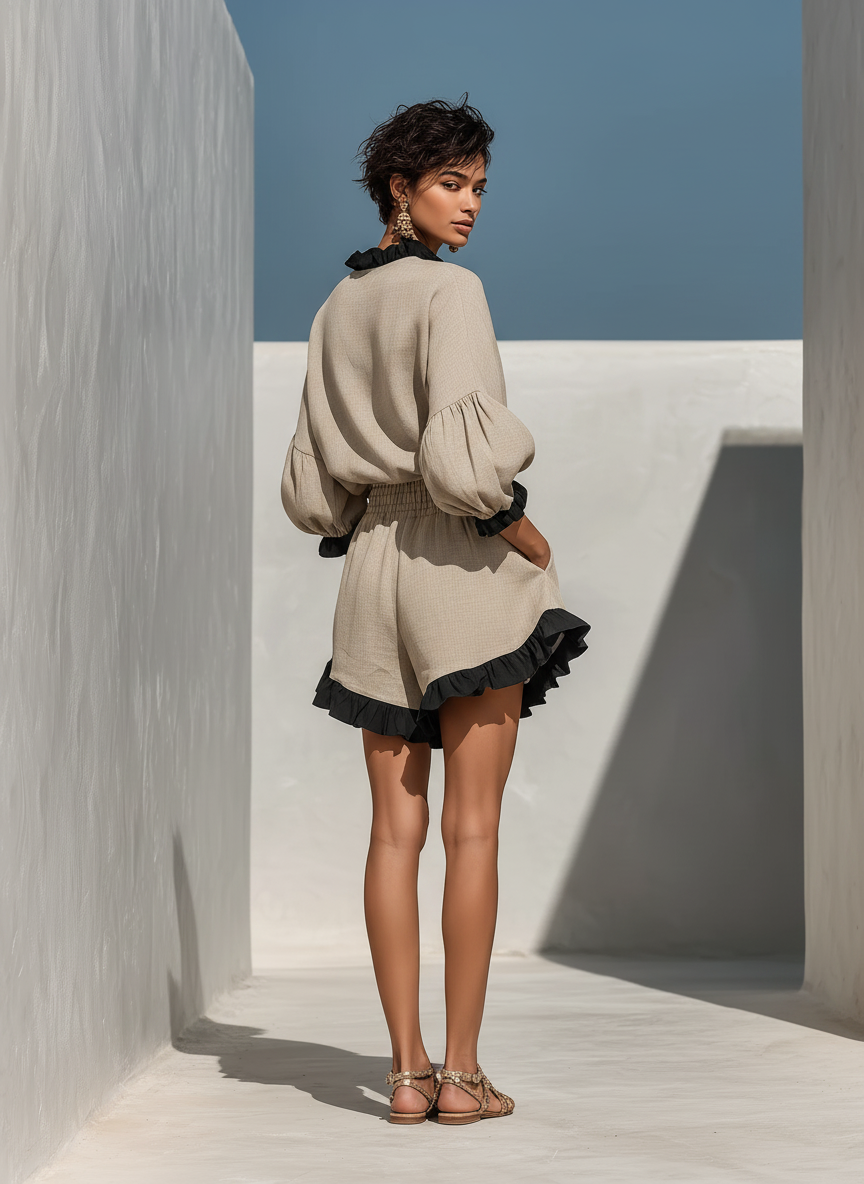 Leonora | linnedlook bluse- og shortssæt