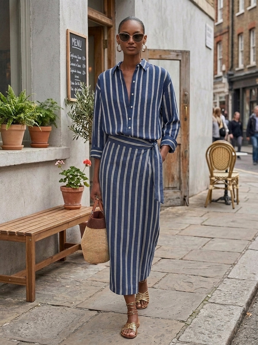 Alberte | Stribet bomuldslook bluse- og nederdelssæt