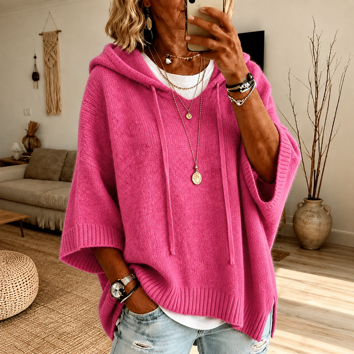 Chloe | Strikponcho med hætte i rosa