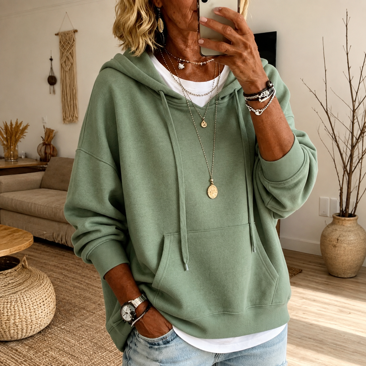 Amandine | Oversized hættetrøje i salviegrøn med kængurulomme