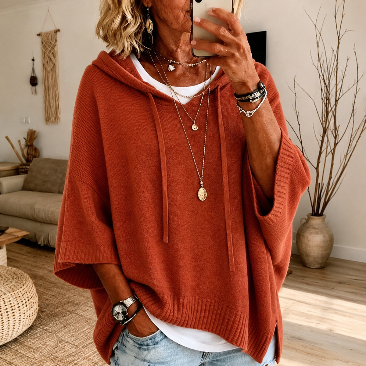 Oceane | Strikponcho med hætte i terracotta