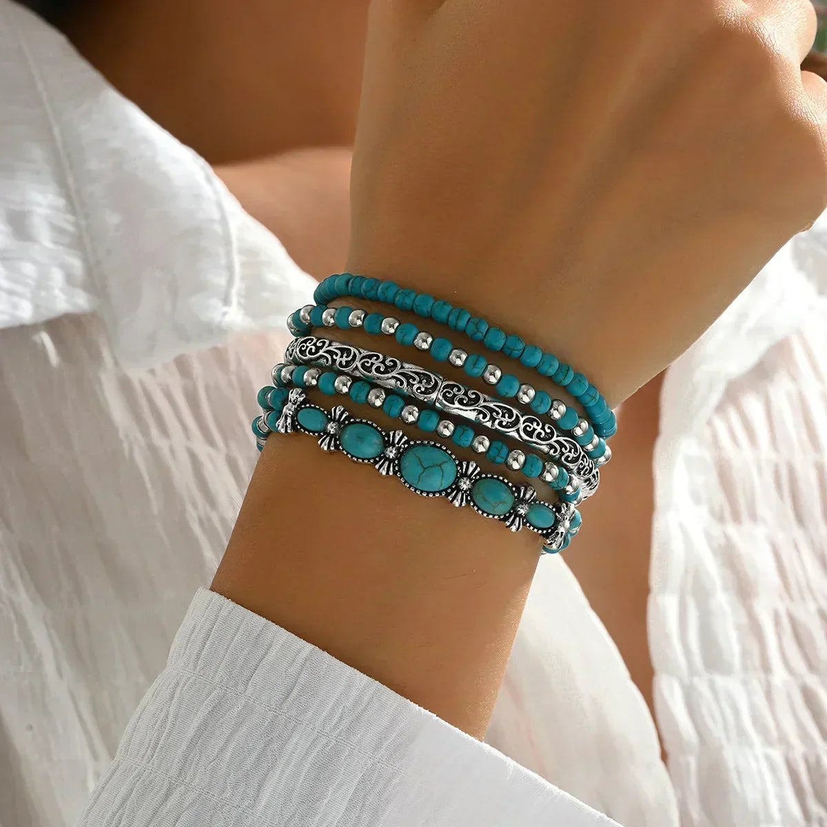Boho-armbåndssæt med turkise perler