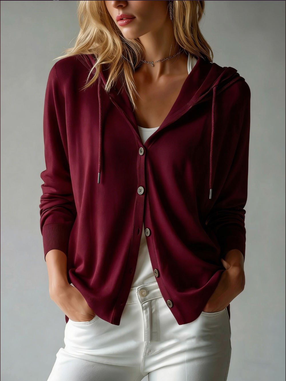 Liv | Rød cardigan med hætte og knapper