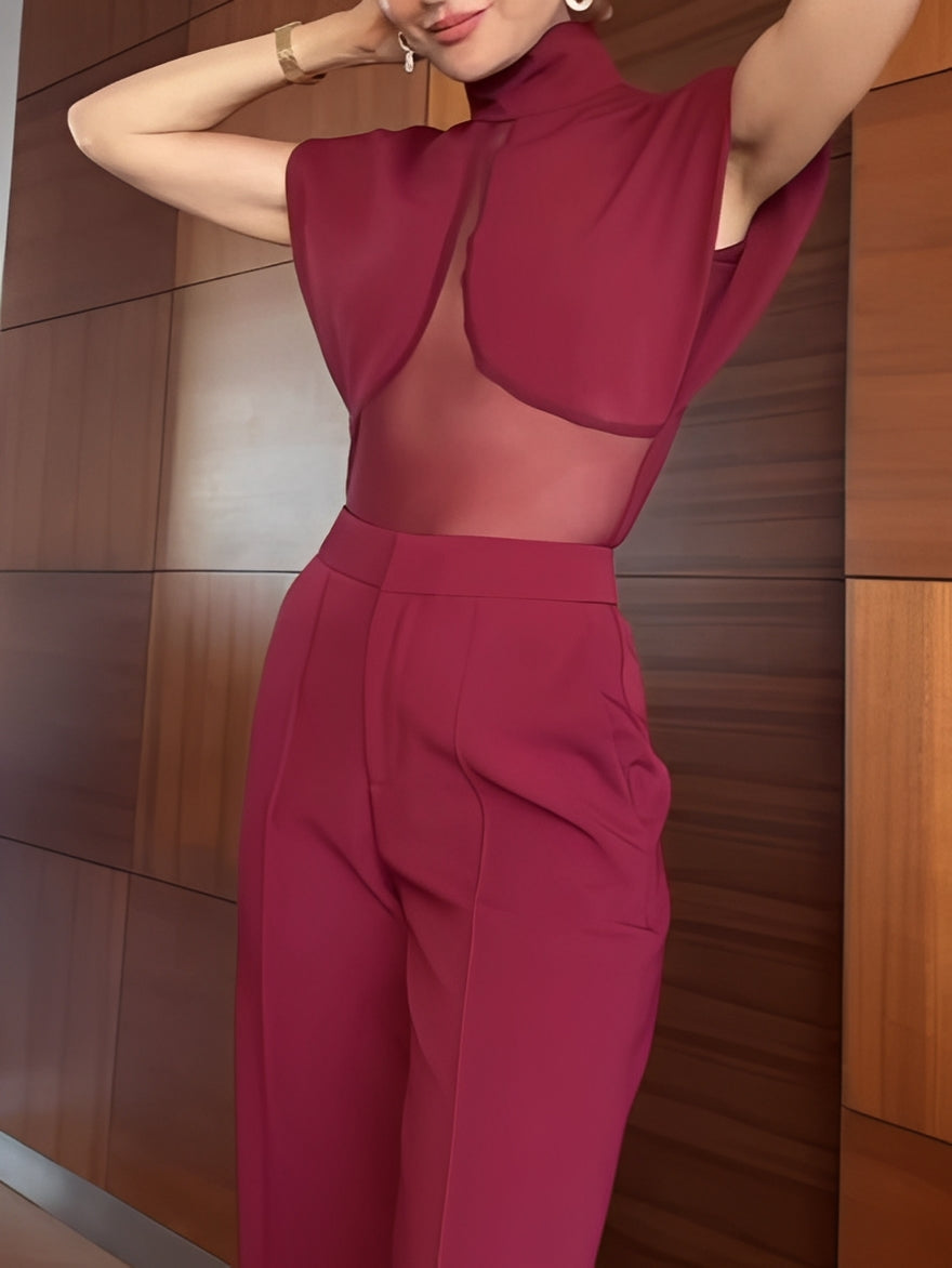 Laura | Bordeaux sæt med top og bukser med patchwork med mesh