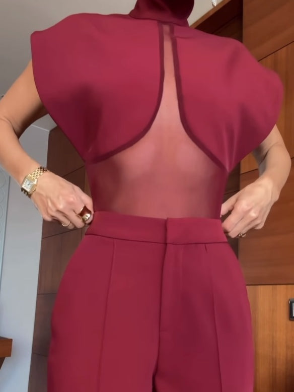 Laura | Bordeaux sæt med top og bukser med patchwork med mesh