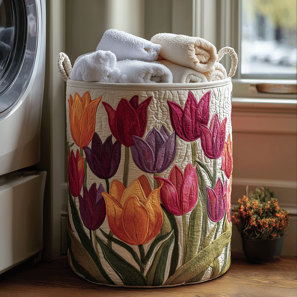 Liliana | Quiltet vasketøjskurv med tulipanmotiv